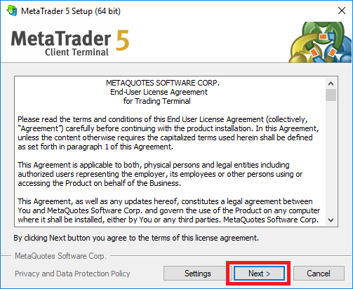 Agreeing to MetaTrader 5 EULA while installing the platform