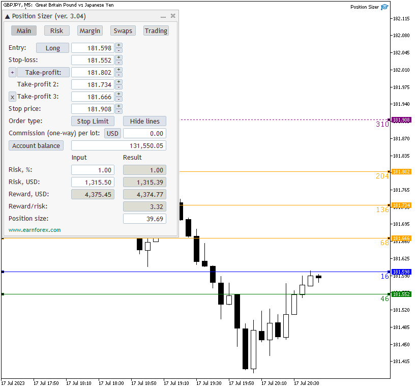 Position Sizer - Main Tab on White Background