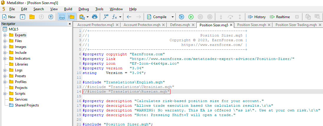 Position Sizer - Убираем комментарий со строчки, которая загружает нужный файл с переводом