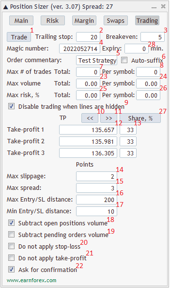 Position Sizer – واجهة المستخدم الخبير – علامة تبويب Trading