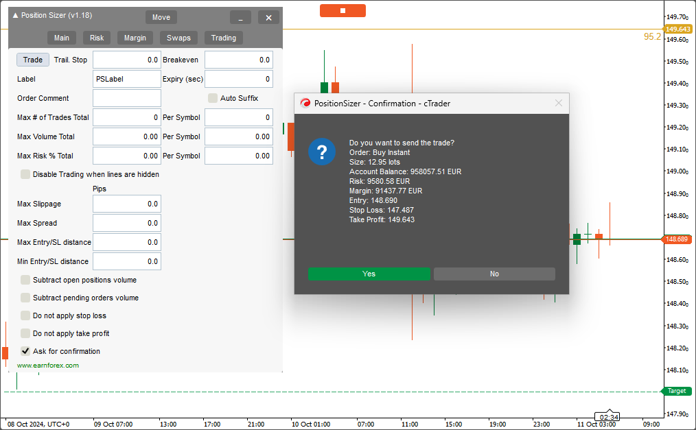Position Sizer cBot - Order confirmation window