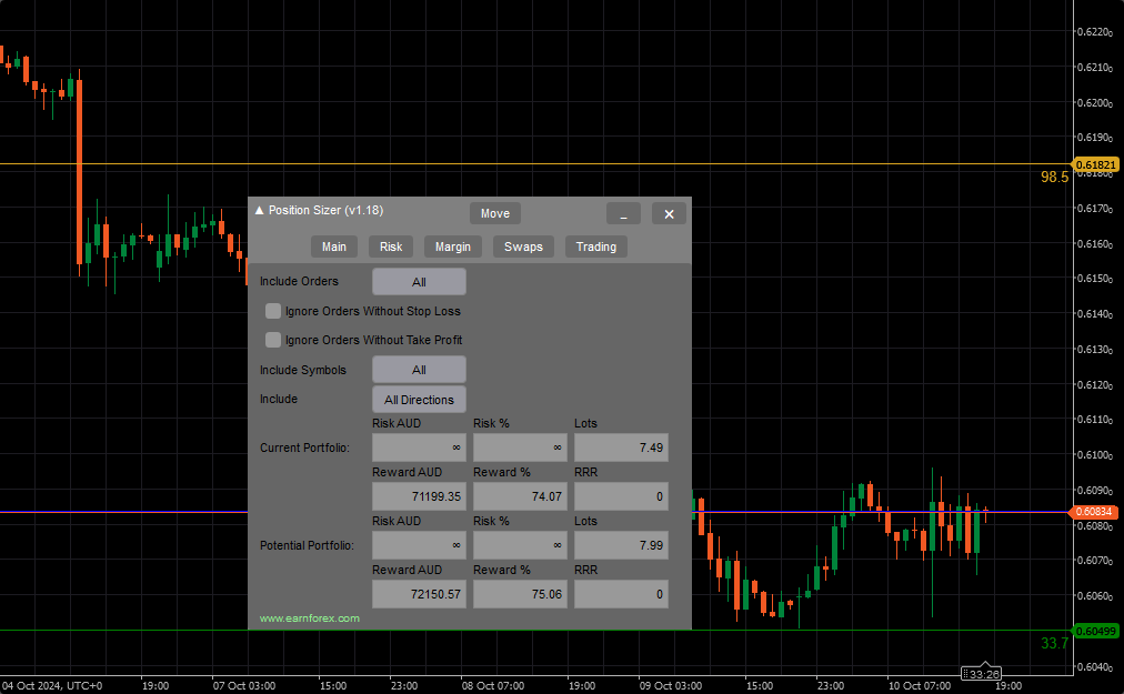 Position Sizer for cTrader - Risk Tab on Black Background