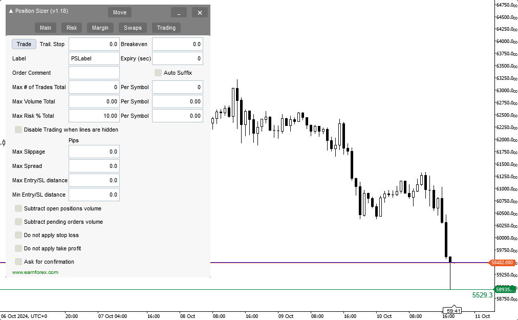 Position Sizer for cTrader - Trading Tab