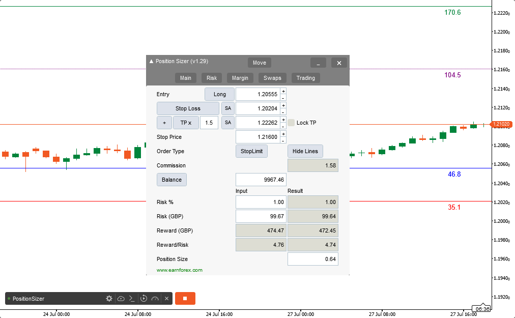 Position Sizer для cTrader - основная вкладка на белом фоне