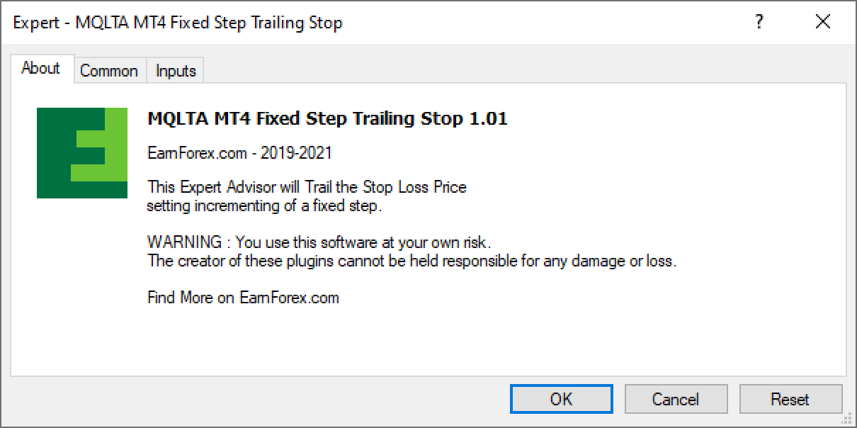Fixed Step Trailing Stop MT4 Expert Advisor