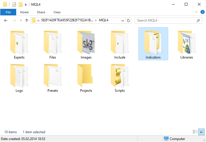 Открыть папку Индикаторы