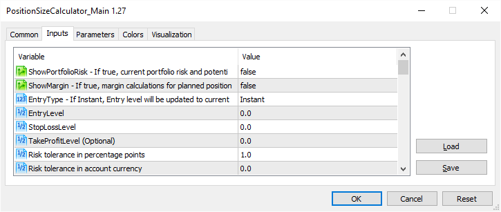 Position Size Calculator with inputs parameters containing both names with textual descriptions and bare textual descriptions