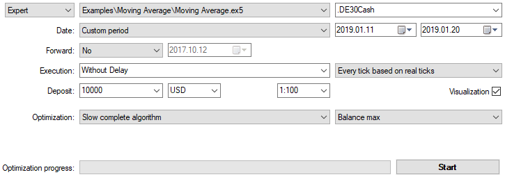 MT5 Strategy Tester Settings Panel