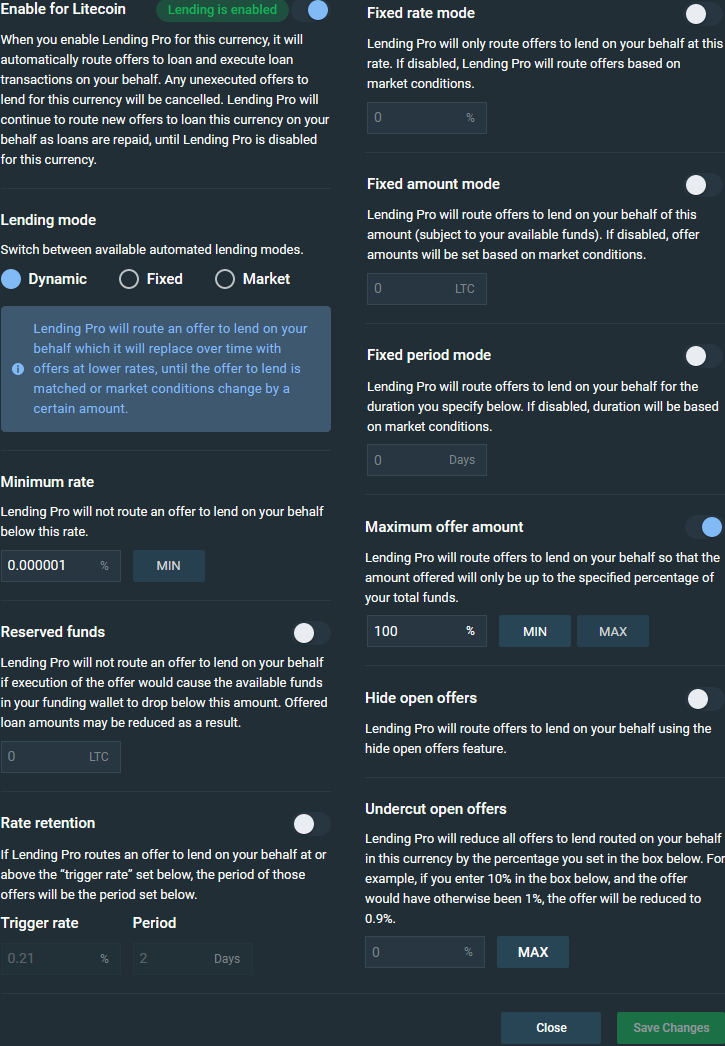 Bitfinex - Lending Pro Settings
