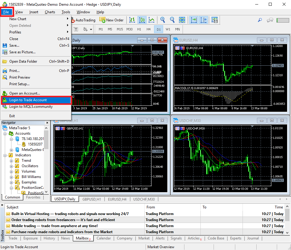 Вход в учетную запись демо-счета MetaTrader 5