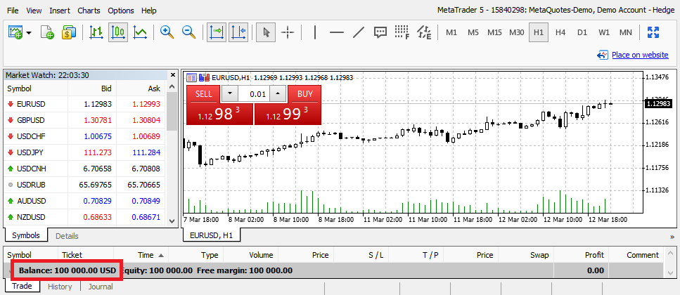 MT5 WebTrader demo account platform with a chart