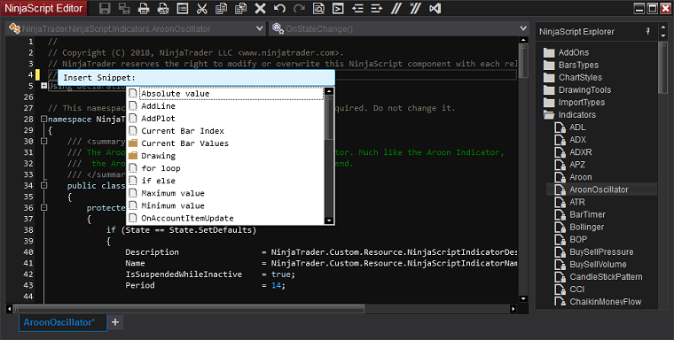NinjaScript Editor: сниппет