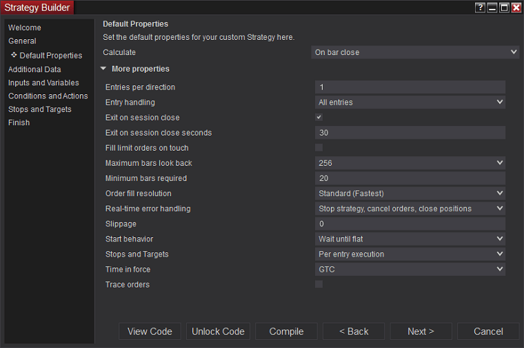 NinjaTrader: инструмент Strategy Builder