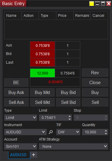 NinjaTrader: связывание окна Basic Entry