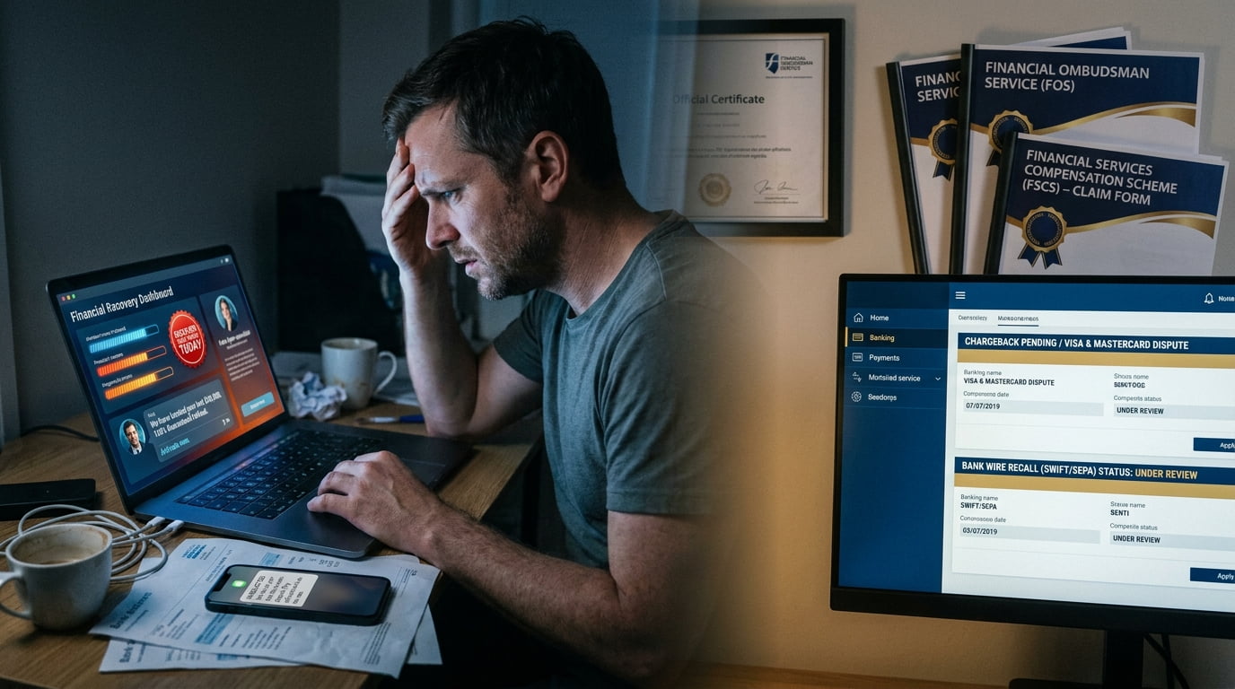Stressed trader at a laptop showing a fake financial recovery dashboard, next to a screen with legitimate chargeback and bank wire recall requests and Financial Ombudsman Service and FSCS claim forms