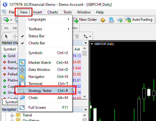 How to open the Strategy Tester via menu in MetaTrader 4