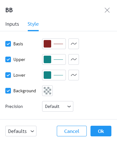 Plataforma TradingView - Opciones de estilo del indicador de Bandas de Bollinger