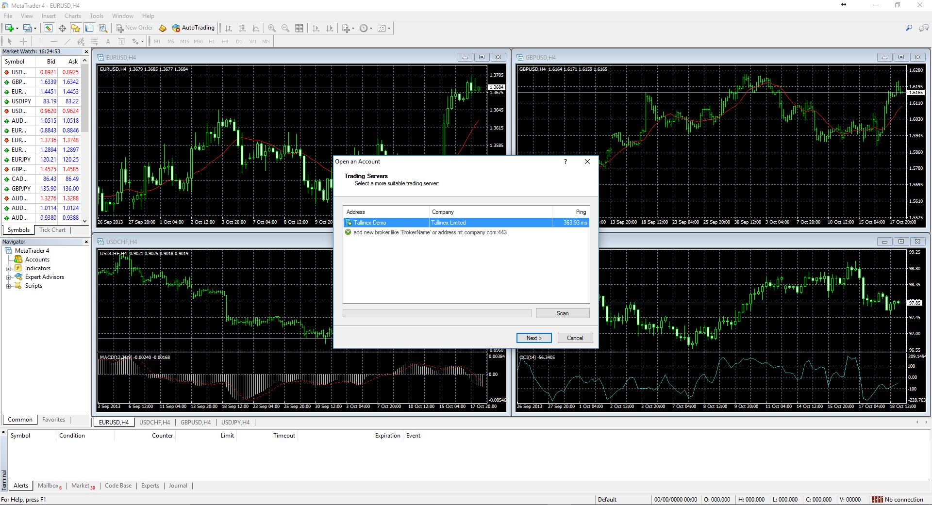 MetaTrader 4 — открывающееся окно тренировочного счета на Форексе