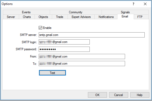 MetaTrader 4 - Пример настроек оповещений по электронной почте для Gmail
