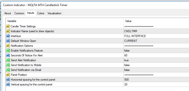 Input Parameters for MT4/MT5 Candle Timer Indicator