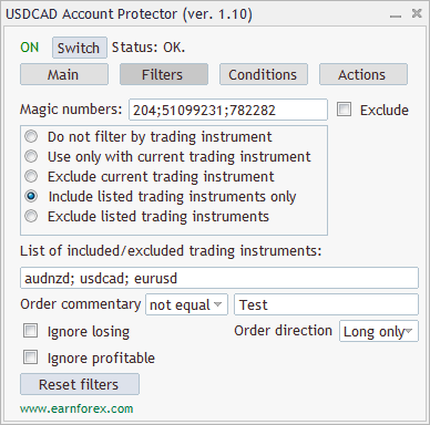 Account Protector - Interface - Filters Tab