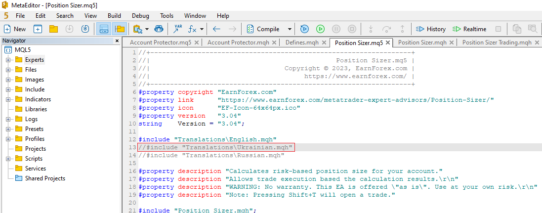 Position Sizer - Uncommenting the Translation File Include