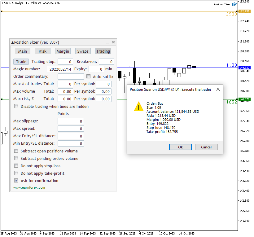 Position Sizer EA - หน้าต่างยืนยันคำสั่งซื้อ