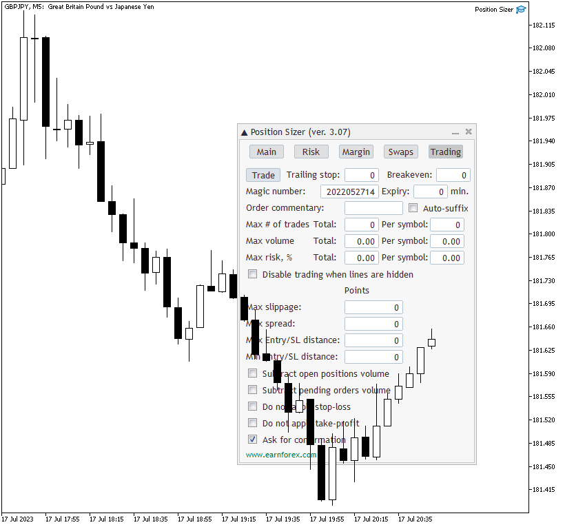 Position Sizer – علامة تبويب Trading مع عرض اللوحة كخلفية