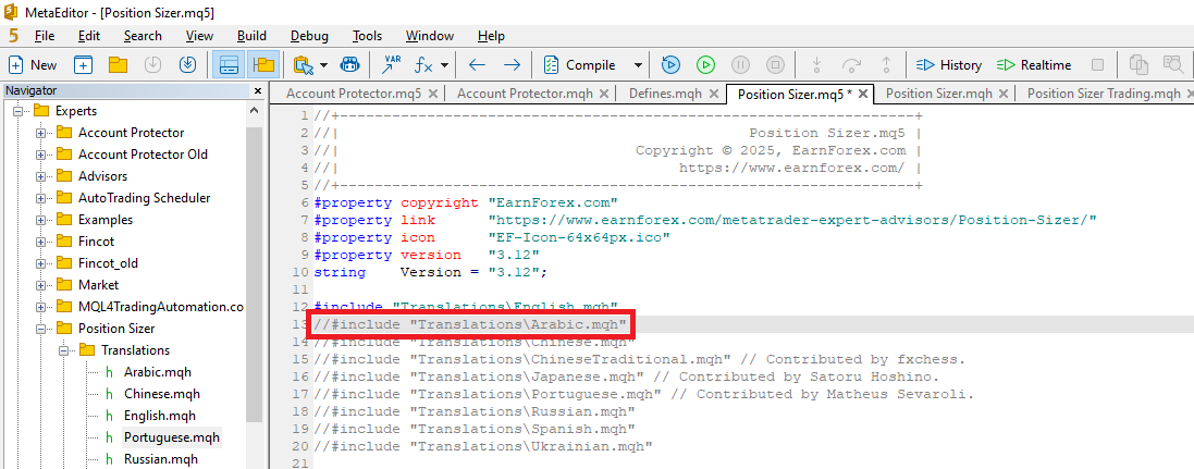 Position Sizer – يتضمن إلغاء ملف التعليق على الترجمة