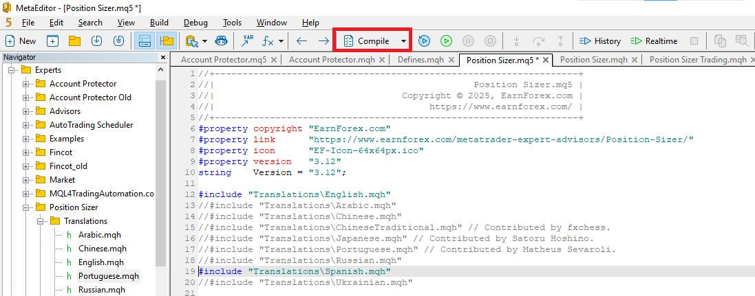 Position Sizer - Compilación con una nueva traducción