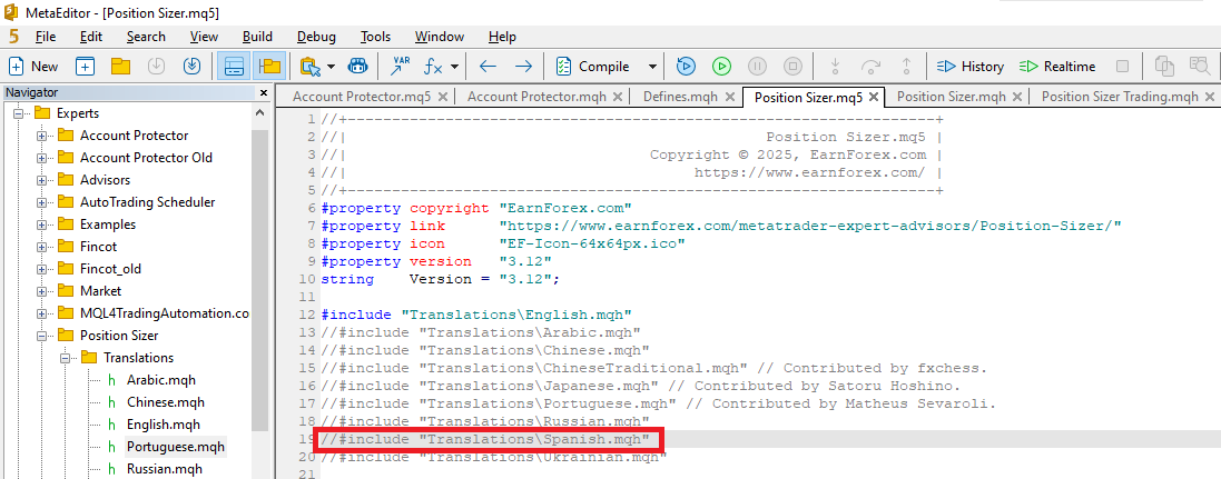 Position Sizer - Descomentar el include del archivo de traducción