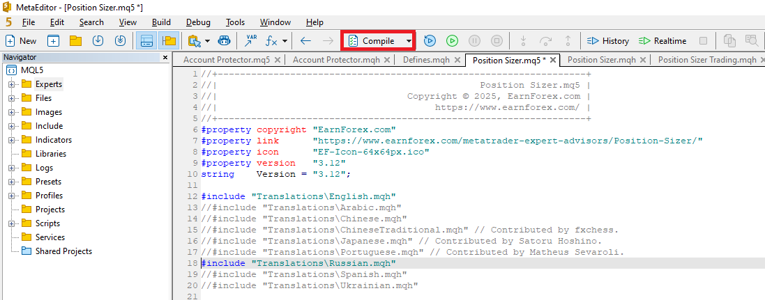 Position Sizer - Компилируем с переводом на русский язык