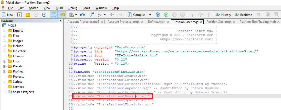Position Sizer - Убираем комментарий со строчки, которая загружает нужный файл с переводом