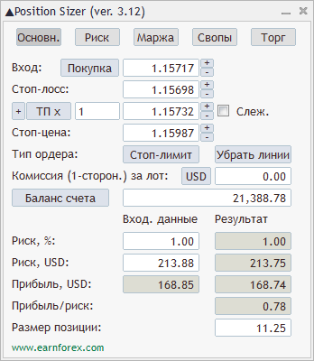 Position Sizer - Основная вкладка панели на русском языке