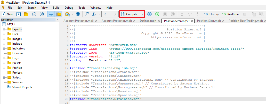 Position Sizer - Compiling with a New Translation