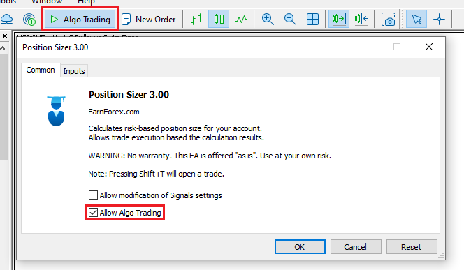 MetaTrader 5 - Allowing Algo Trading for Expert Advisors