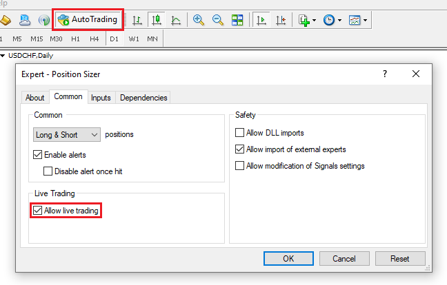 MetaTrader 4 - Allowing Autotrading for Expert Advisors