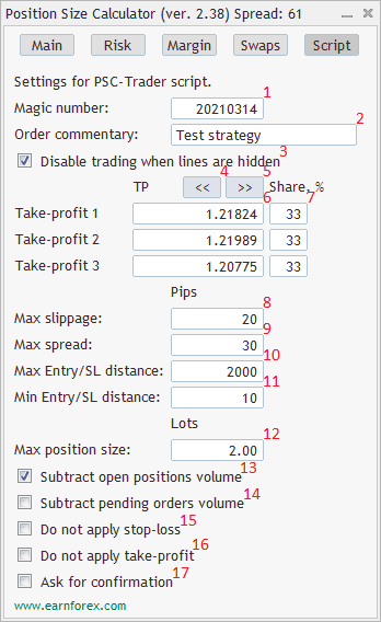Position Size Calculator - Indicator's Interface - Script Tab