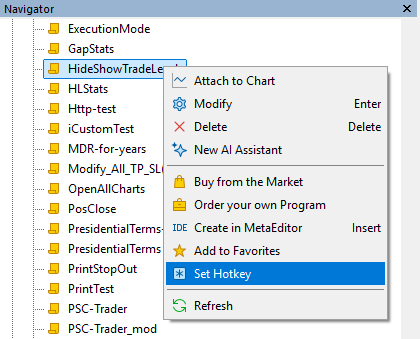 Right-click menu for a script in MetaTrader 5