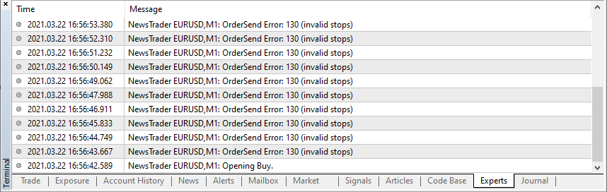 Example of OrderSend Error 130 in MetaTrader 4
