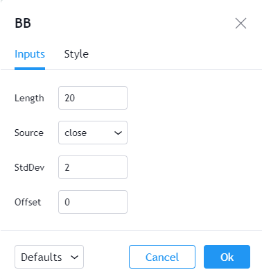 TradingView Platform - Input Parameters for Bollinger Bands Indicator