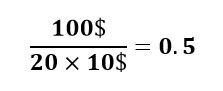 $100 / 20 x $10 = 0.5