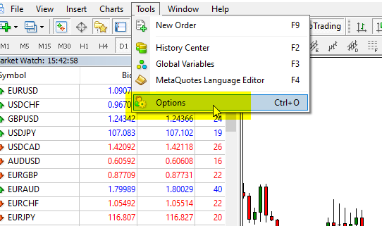 Going to Tools->Options Menu in MetaTrader Going to Tools->Options Menu in MetaTrader