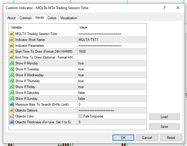 Trading Session Time Indicator - Input Parameters