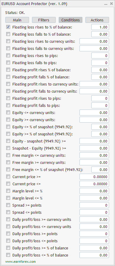 «Защитник счета» - интерфейс экспертного советника - вкладка условий