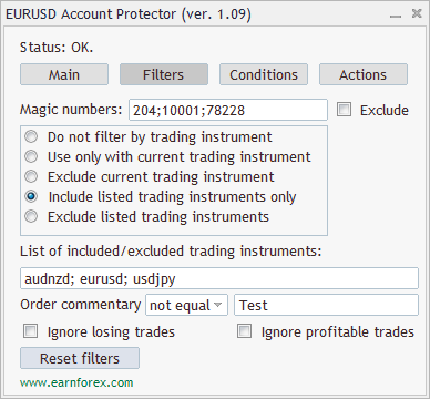 Account Protector - Interface - Filters Tab