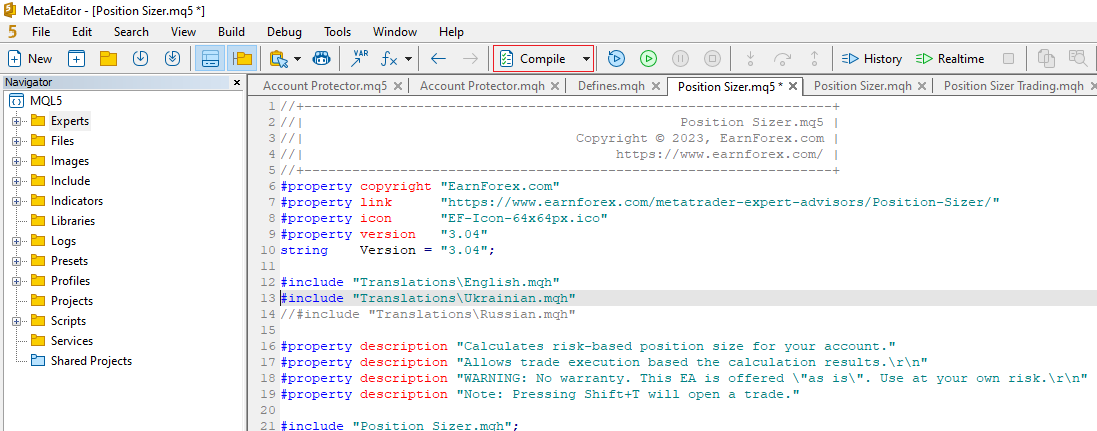 Position Sizer - Compiling with a New Translation