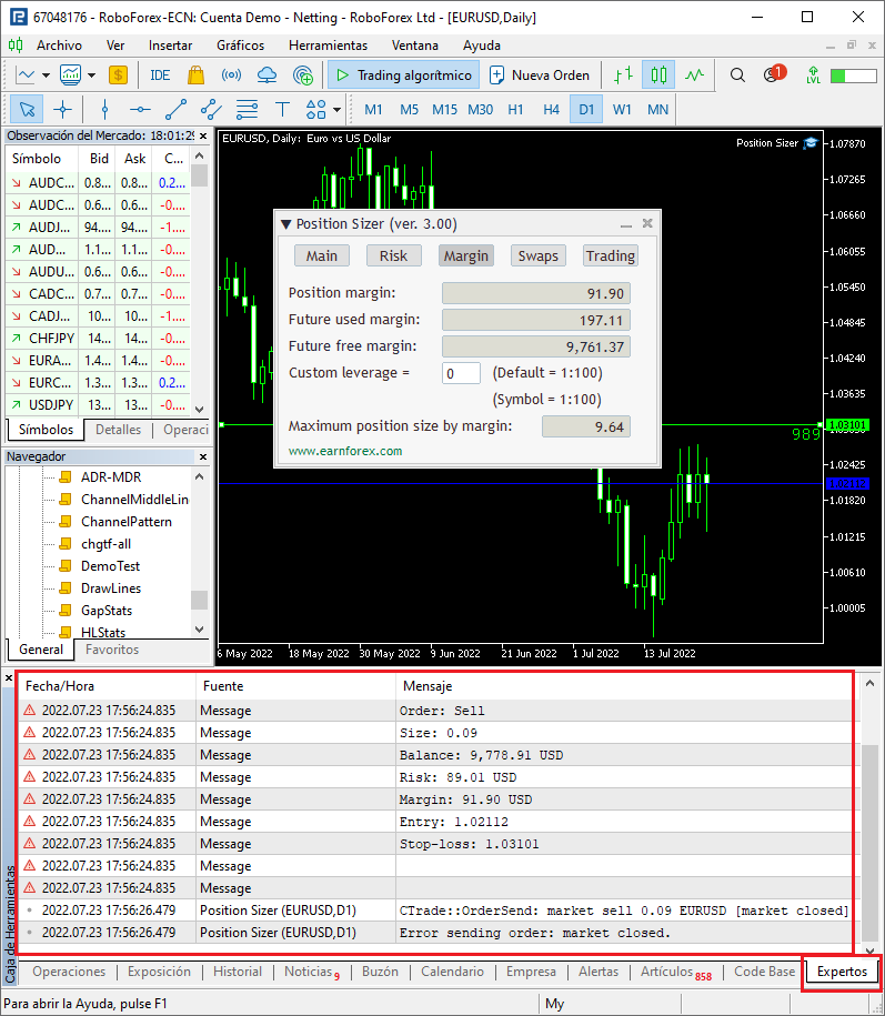 Informar de problemas con Position Sizer - Salida de expertos