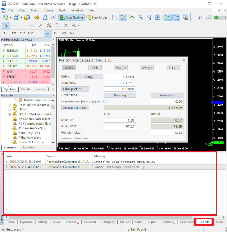 Reporting Problems with Position Size Calculator - Experts Output