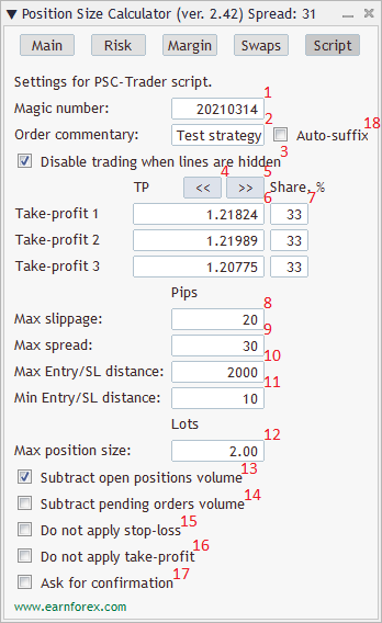 Position Size Calculator - Indicator's Interface - Script Tab